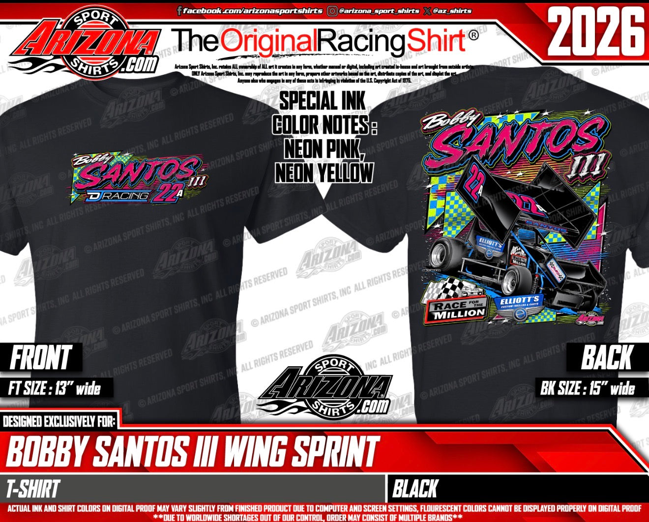 2026 Black Bobby Santos III Elliott’s Custom Trailers Race 4 The Million Wing Sprint Tee